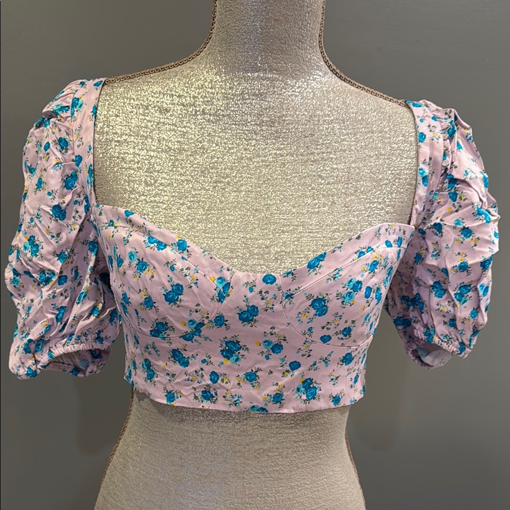 Floral Puff Sleeve Crop Top - Pink and Blue